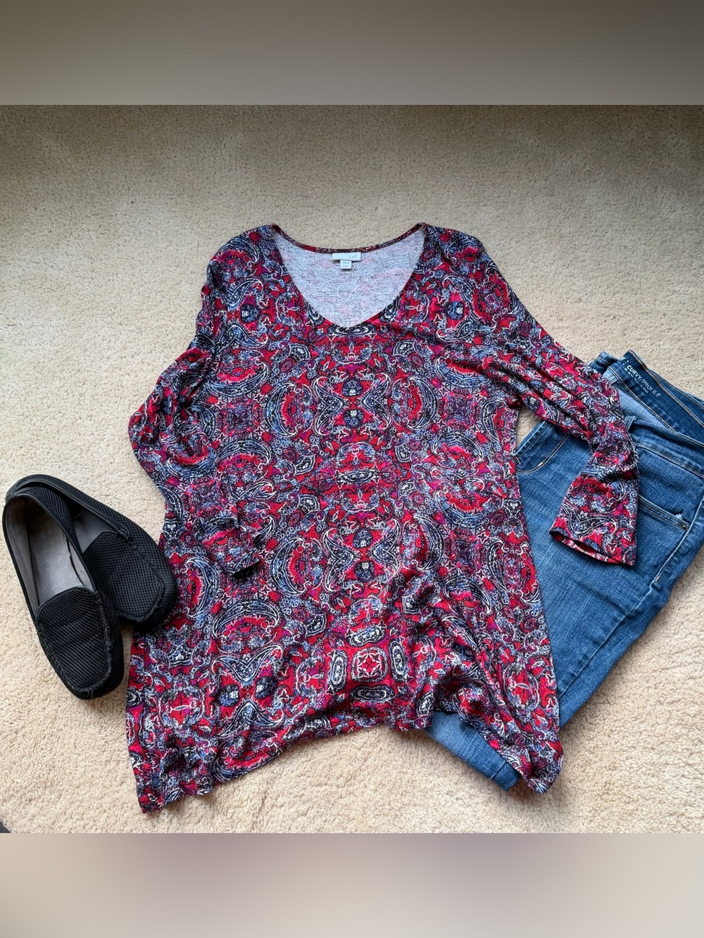 J.Jill Red & Blue Floral Paisley LS V-Neck Tunic Top - Size L Petite - VGUC